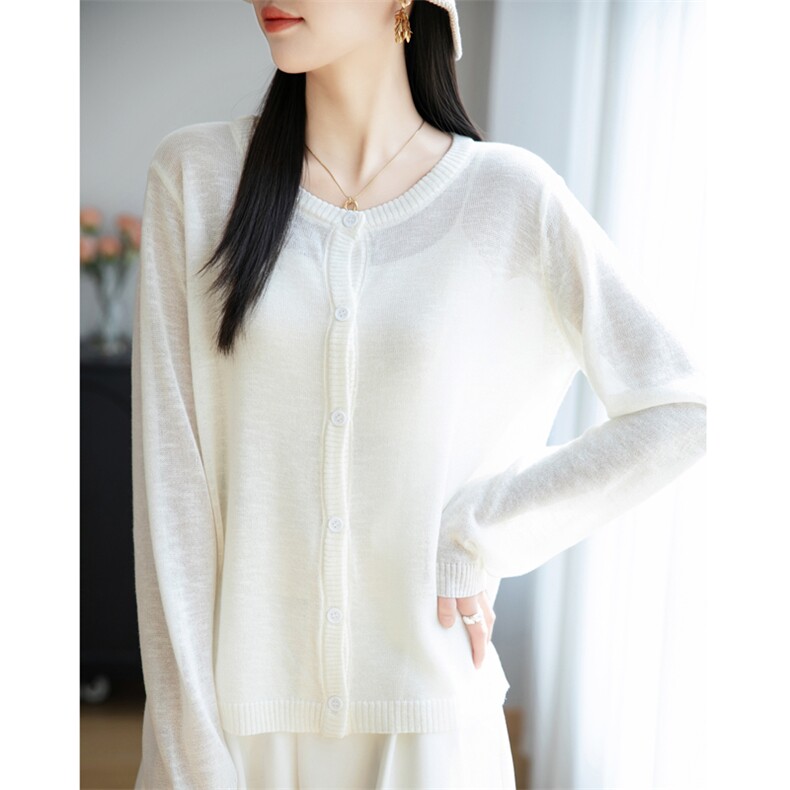 圆领针织开衫长袖女2025夏新款纯色薄款空调防晒罩衫百搭外套上衣，女装针织衫/毛衣，菲奥羊绒