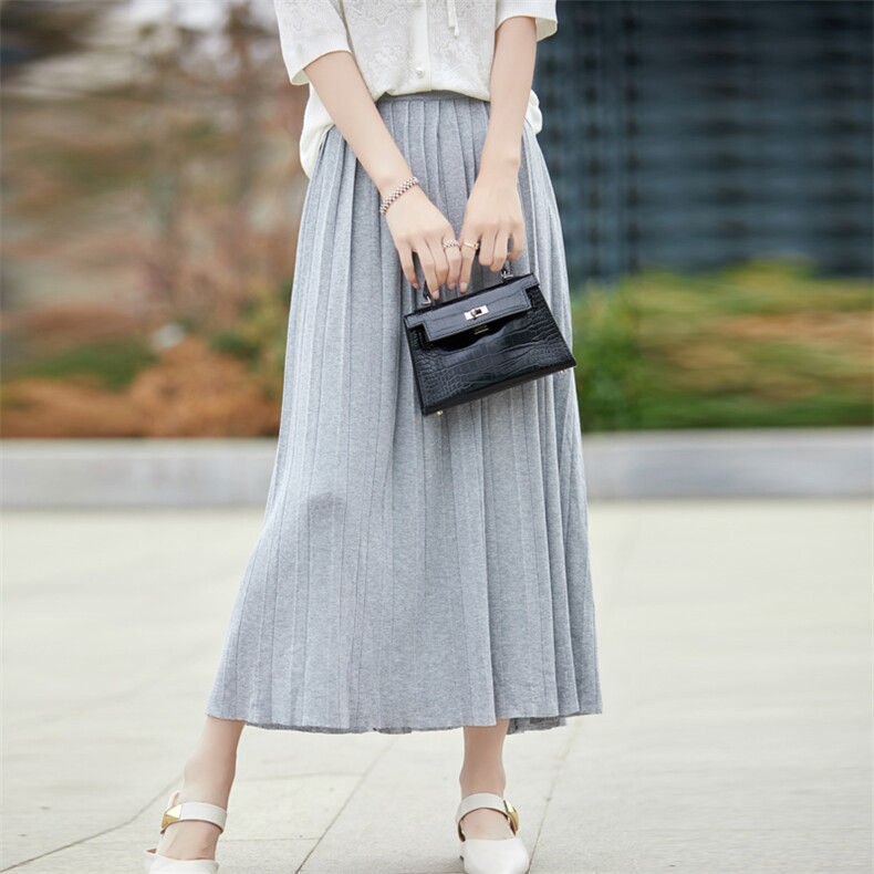 春夏凉爽黑色曲珠针织百褶半身裙女皱褶高腰垂感百搭A字大摆伞裙，女装半身裙，东远绒业
