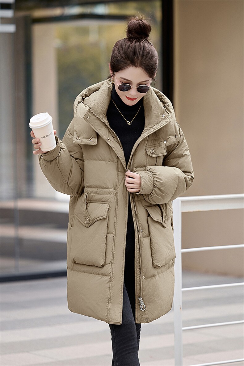 美拉德咖色鹅绒羽绒服女2024冬季新款收腰显瘦中长款加厚保暖外套,女装羽绒服,牡丹诺