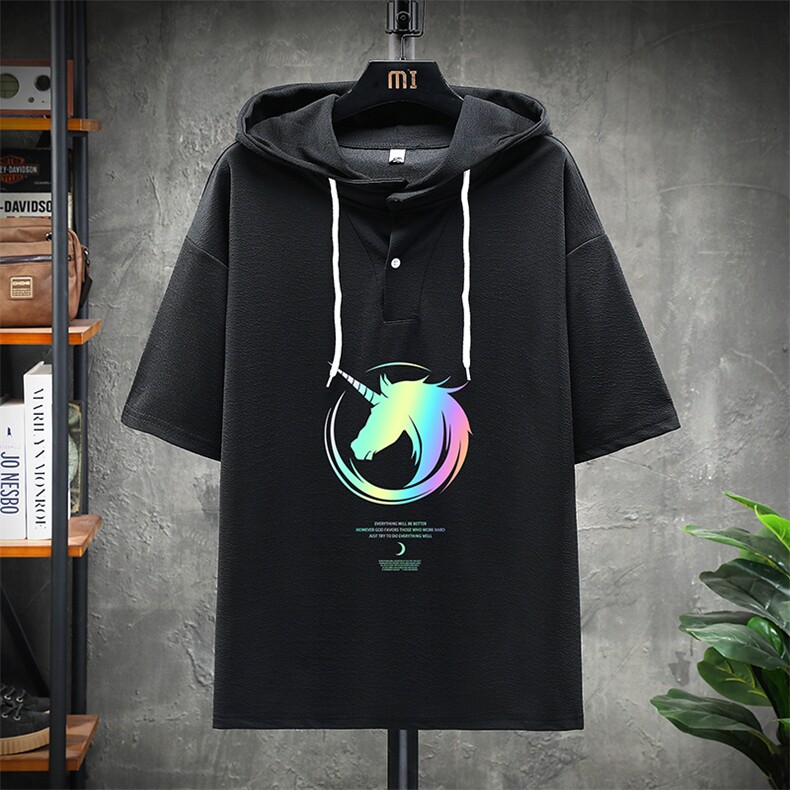 LD54138-P45 连帽短袖t恤男大码胖子带帽五分袖中袖 展架图片