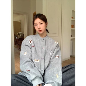 今年流行卡通小狗刺绣开衫宽松慵懒风潮牌立领夹克卫衣男女外套图片