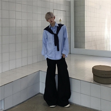 蓝色双层假两件披肩长袖衬衫男款秋季学院风衬衣韩系慵懒松弛外套，男装衬衫，电商B327