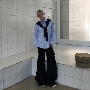 蓝色双层假两件披肩长袖衬衫男款秋季学院风衬衣韩系慵懒松弛外套图片
