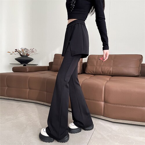 春季屁帘裤两穿假两件拼接休闲裤女设计感针织喇叭裤长裤，女装休闲裤，云美莎专业女裤-全店现货