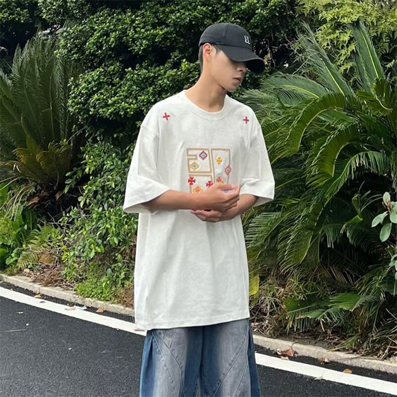 万针全刺绣工艺高品质260克双纱纯棉美式高街短袖T恤特P33,男装T恤,电商A486