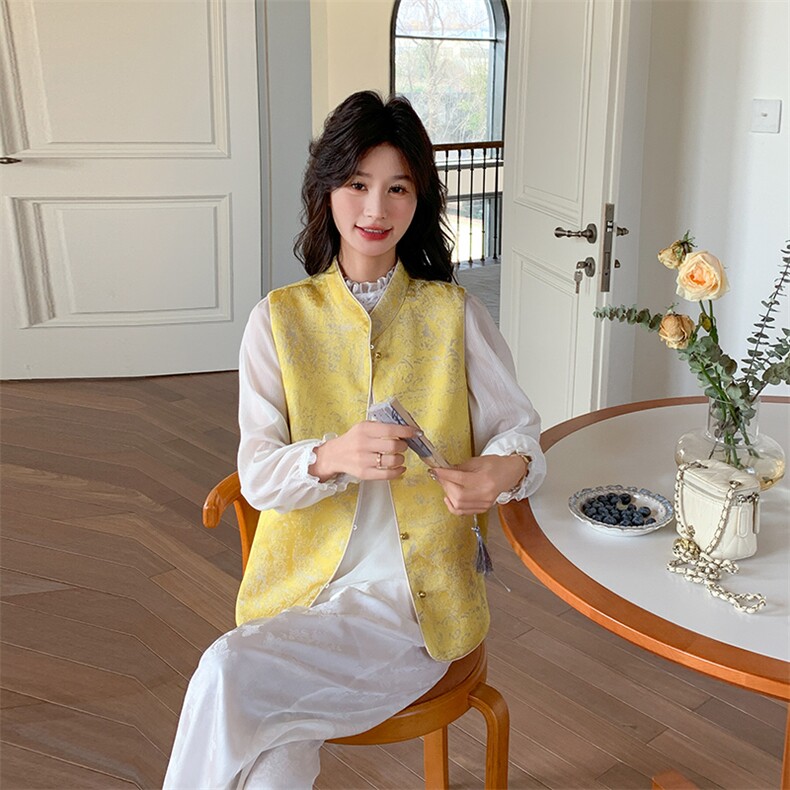 超好看打底衫小个子国风新中式两面穿印花马甲上衣女春新款,女装马甲,浙宝191（原浙宝008）