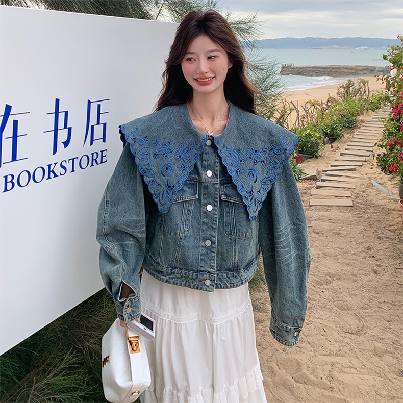 刺绣娃娃领牛仔外套女春秋2025新款超火爆款韩系短款小个子流行,女装短外套,2D041