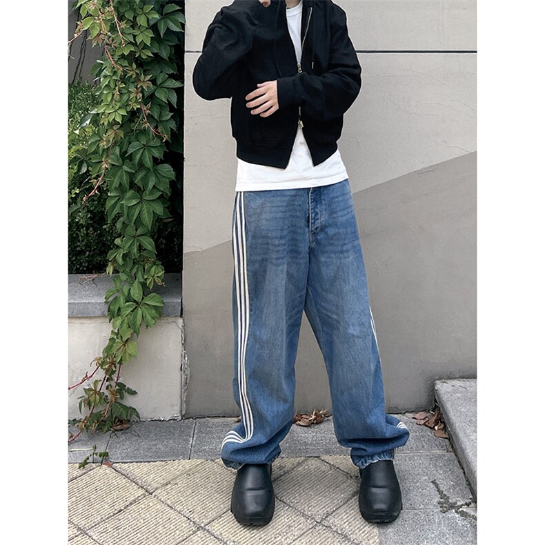 B221美式ins高街小众宽松三条杠运动牛仔裤LK23130-P60控78,男装牛仔裤,电商B221
