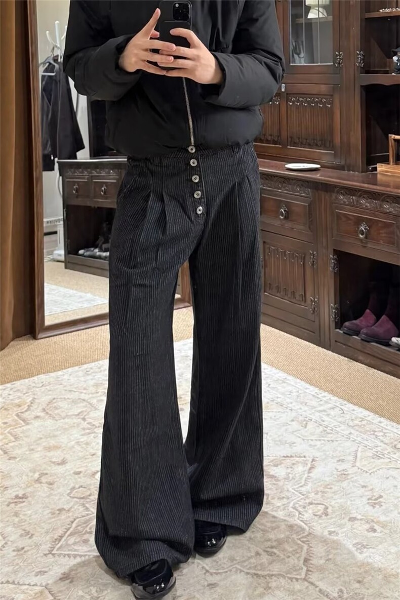 黑色条纹休闲裤春秋原色直筒简约复古宽松阔腿牛仔裤慵懒排扣长裤,男装牛仔裤,星座302B-2