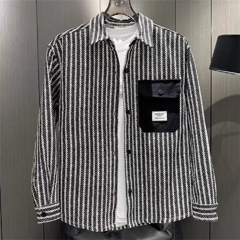衬衫纯棉条纹长袖男春秋衬衫式夹克痞帅加厚翻领外套L8832P53,男装夹克,星座1013-5