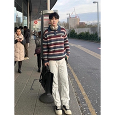 美式慵懒覆古宽松polo领条纹毛衣男女秋冬老钱风新款翻领上衣潮流，男装针织衫/毛衣，星座601-1