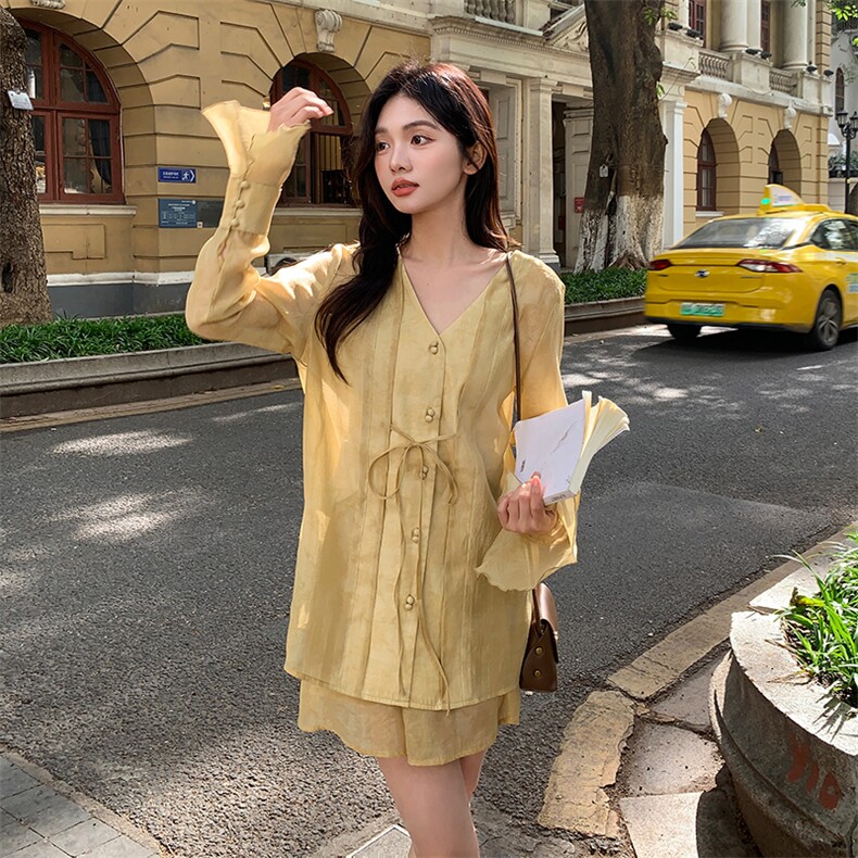 新中式国风套装女新款夏气质清冷氛围感小个子轻薄衬衫短裙两件套,女装套装/套裙,2C122
