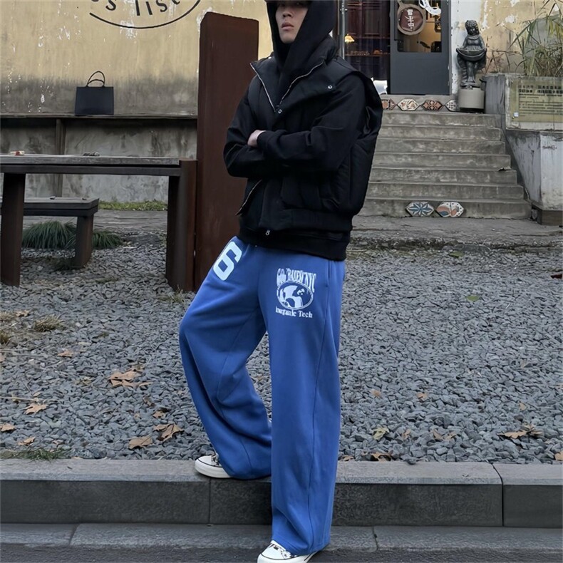春秋新款美式字母蓝色卫裤男女网红洋气宽松显瘦直筒阔腿休闲裤,男装休闲裤,星座302B