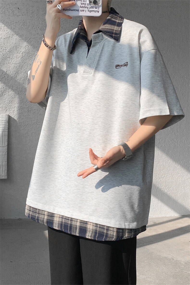 T10110-特批35夏季撞色拼接假两件高级感衬衫领男大码短袖T恤,男装T恤,电商A059