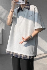 T10110-特批35夏季撞色拼接假两件高级感衬衫领男大码短袖T恤，男装T恤，电商A059