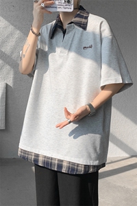 T10110-特批35 夏季撞色拼接假两件高级感衬衫领男大码短袖T恤图片