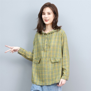 春秋2022年新款中年妈妈休闲大码衬衫休闲棉麻短款衬衣连帽图片