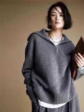 半拉链立领纯色针织衫时尚百搭套头上衣女，女装针织衫/毛衣，百纯羊绒