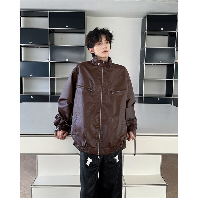 高街pu皮衣男款春秋季美式复古高级感机车服痞帅立领工装夹克,男装夹克,星座410-7