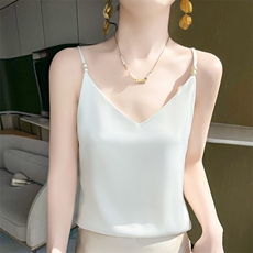 真丝吊带背心女内搭宽松美背V领无袖夏季配西装醋酸缎面打底上衣，女装背心吊带，九戎