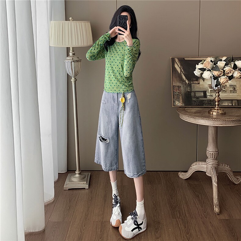 韩系减龄时尚套装女夏季新款绿色波点网纱上衣破洞牛仔中裤两件套,女装套装/套裙,江南