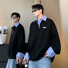 韩版假两件衬衫春秋拼接卫衣长袖男翻领宽松套头POLO上衣W100-P58，男装Polo衫，电商C307