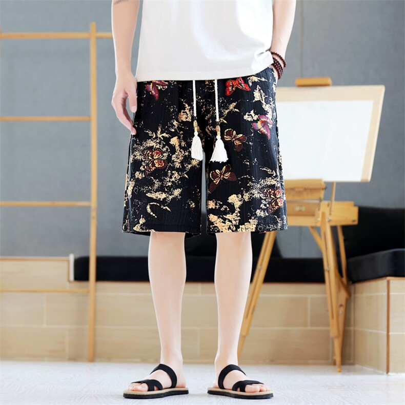 夏季棉麻五分裤男风印花短裤冰丝休闲裤水墨A266-1-KZ773-P40,男装牛仔裤,电商A266-1