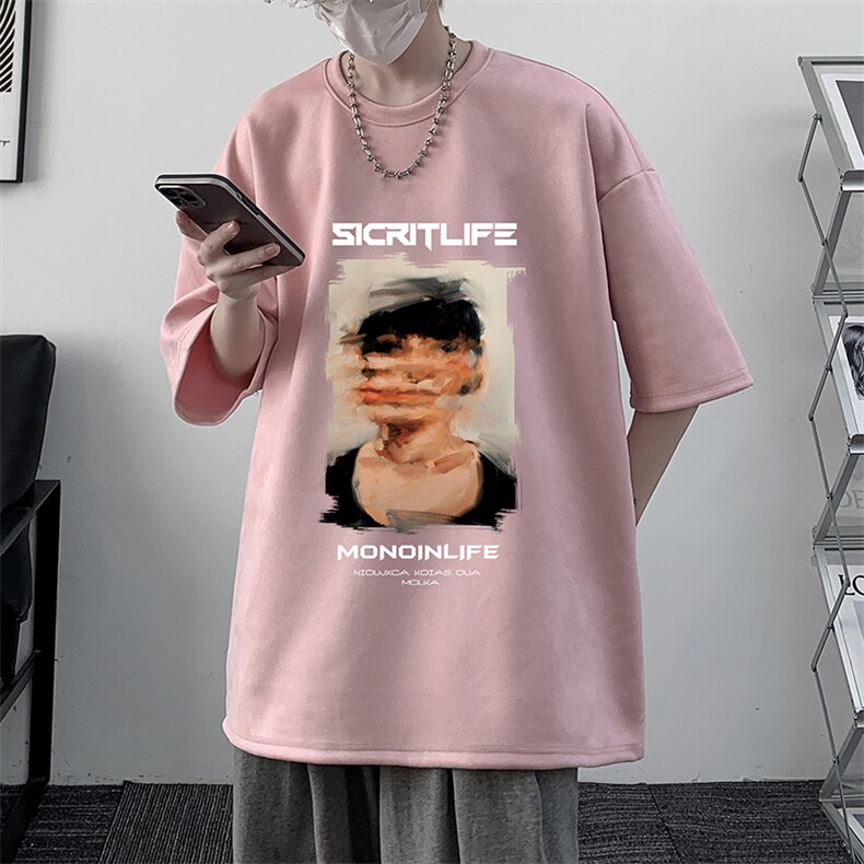 欧美街头潮牌hiphop短袖t恤男麂皮绒高克重磅oversize宽松七分袖,男装T恤,电商A040