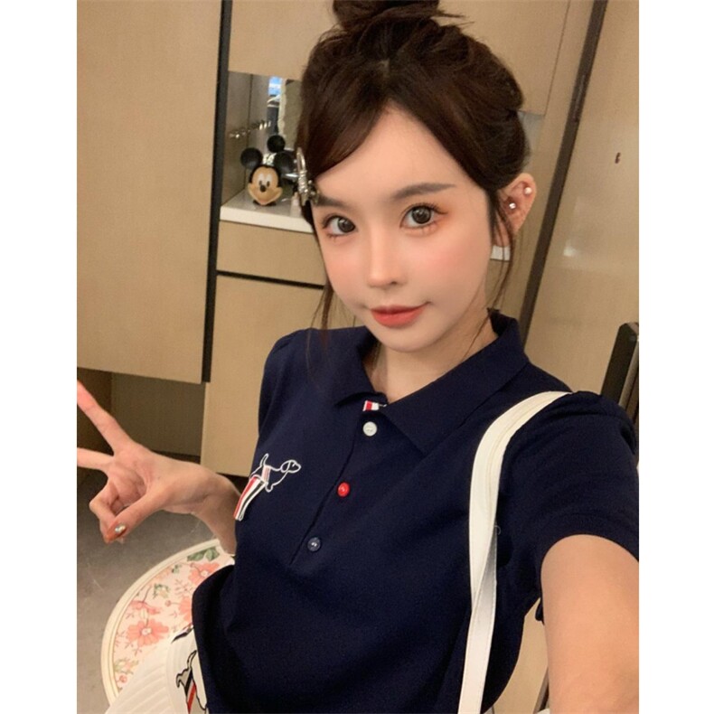 学院风胸前织带小狗刺绣针织POLO衫冰丝短袖T恤上衣女2025夏季款,女装T恤,宛庄羊绒