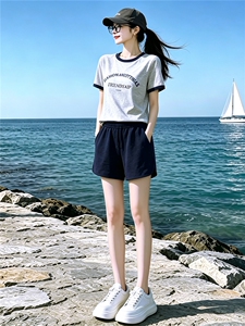 休闲时尚运动套装女夏新款圆领字母印花短袖上衣蓝色短裤两件套潮图片