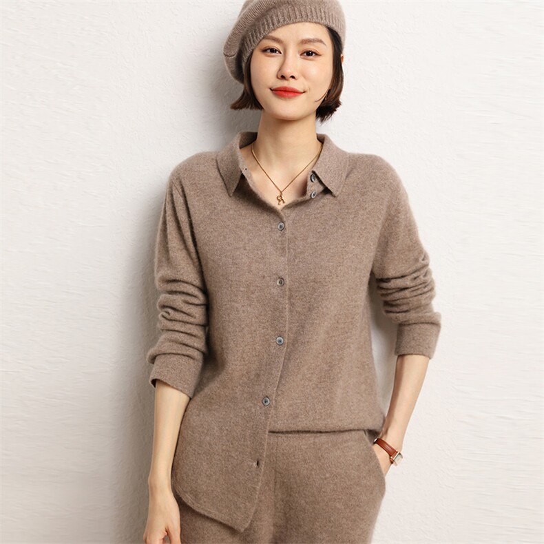 秋冬新款女翻领外搭纯色韩版毛衣外套显瘦羊绒开衫图片