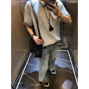 TXY44LL-P37cleanfit美式复古格子拼接短袖t恤高级感小领口半袖
