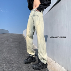 B221美式ins高街暗黑小众泥黄色休闲直筒牛仔裤LK23026-P60控78，男装牛仔裤，电商B221
