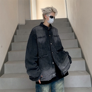 A903-P54 做旧复古渐变毛边牛仔外套男高级感小众休闲工装夹克图片