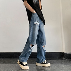 破洞牛仔裤男夏季设计感小众宽松阔腿直筒乞丐裤潮牌潮流vibe裤子，男装牛仔裤，星座410-7