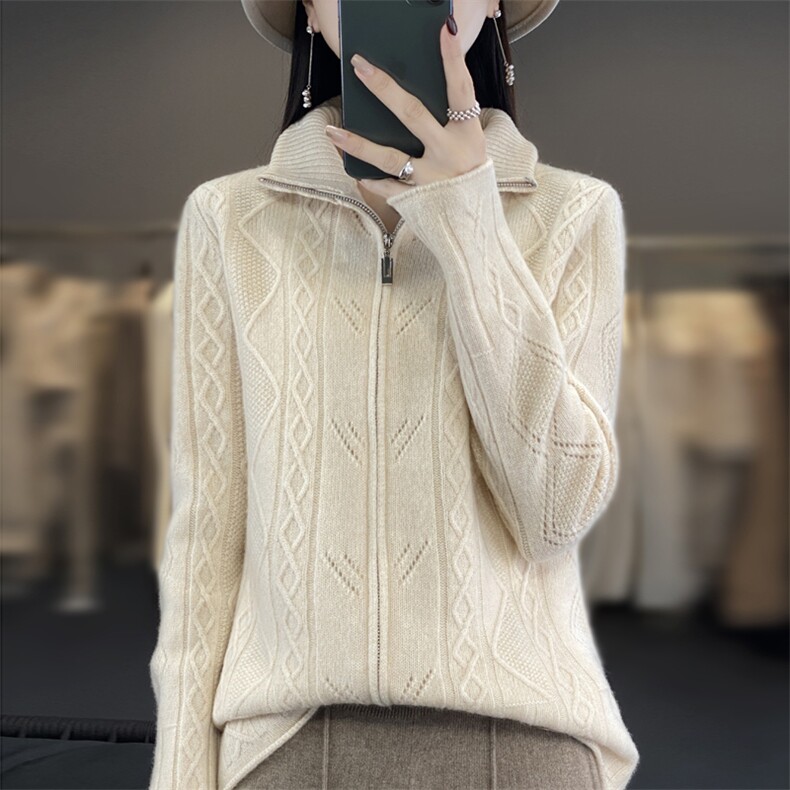 秋冬新款100%纯羊毛开衫女高领拉链外套长袖毛衣宽松针织羊绒外搭,女装羊毛衫,端硕羊绒