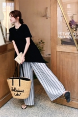 黑色不规则T恤条纹阔腿裤套装女夏2025新款流行小众不撞款两件套，女装连衣裙，2D008