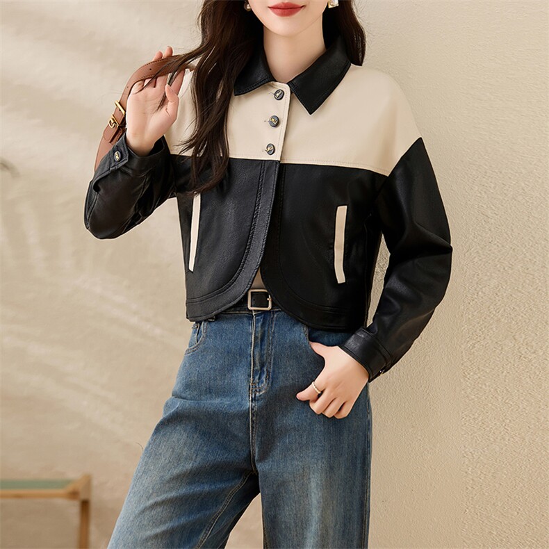 法式高档小香风外套女春秋白领皮衣夹克机车服女士时尚潮流拼接,女装皮衣,潮流依族