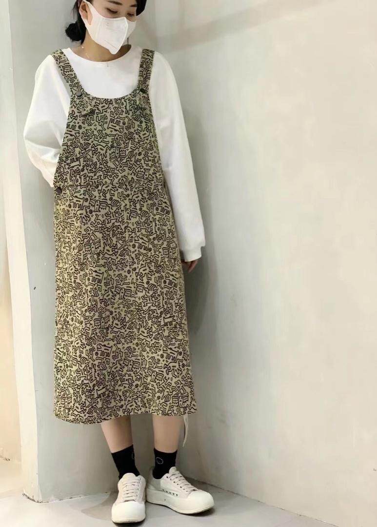 印花牛仔背带裙，其它，with E Q