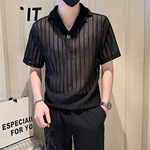 店主风社会小伙男士镂空V领短袖Polo衫翻领T恤男301A-1/PL98/P48图片