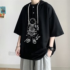 夏季港风冰丝宽松连帽短袖t恤五分体恤上衣TLM2208-P40控58，男装T恤，电商B370