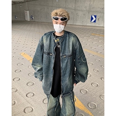 美式做旧水洗牛仔外套男宽松街头百搭痞帅休闲机车风工装立领夹克，男装夹克，星座410-7