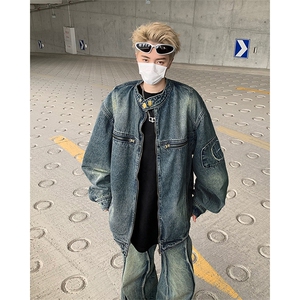 美式做旧水洗牛仔外套男宽松街头百搭痞帅休闲机车风工装立领夹克图片