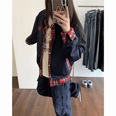美式假两件夹克男女高街小众格子外套潮学院风情侣上衣L36233-p69，男装夹克，星座1008
