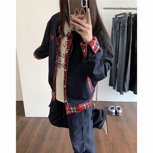 美式假两件夹克男女高街小众格子外套潮学院风情侣上衣L36233-p69图片