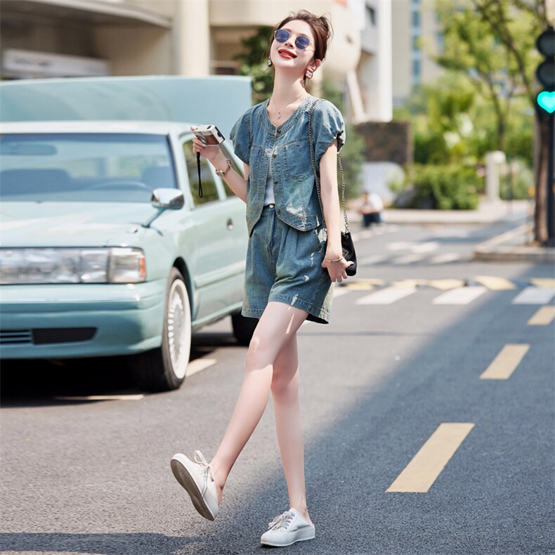 2024年夏装新款薄款洋气显瘦小个子短裤套装牛仔时尚气质两件套,女装套装/套裙,瑶迪