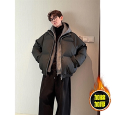 现货高品质重磅工艺美式高街假两件PU皮棉衣男女加厚棉服外套，男装棉衣，电商A443