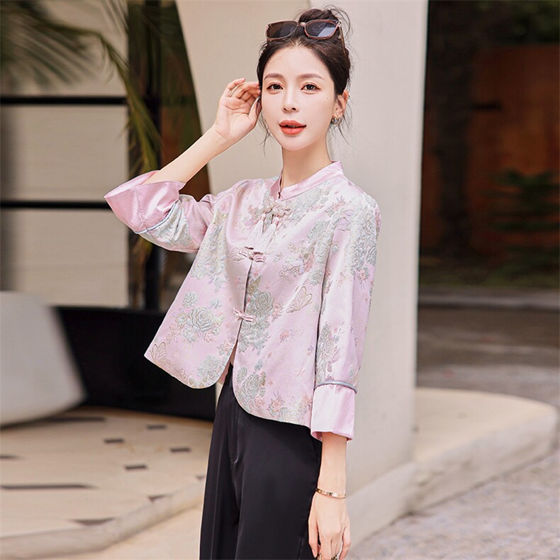 【大爆现货】新中式高端提花小脚裤时尚套装1C045-2377P170K258,女装套装/套裙,红龙果