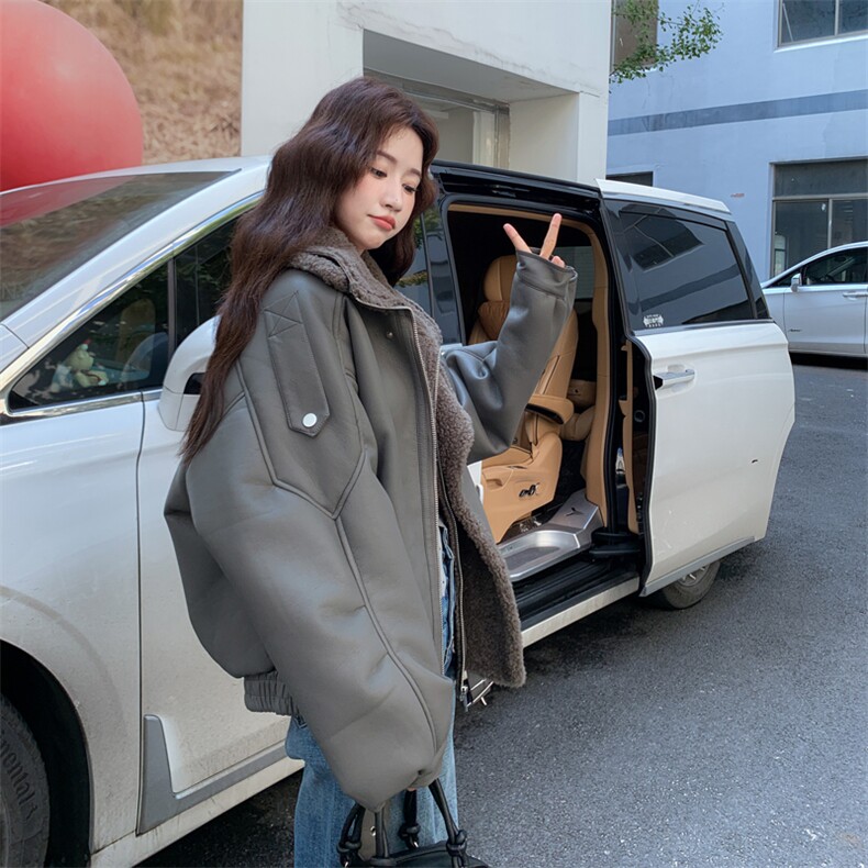 秋冬加厚女PU立领机车服羊羔毛仿皮毛一体环保皮草外套2025新款潮,女装短外套,2C278