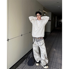 美式男士卫衣慵懒风彩点假两件翻领毛衣外衣宽松休闲针织衫，男装针织衫/毛衣，电商B319